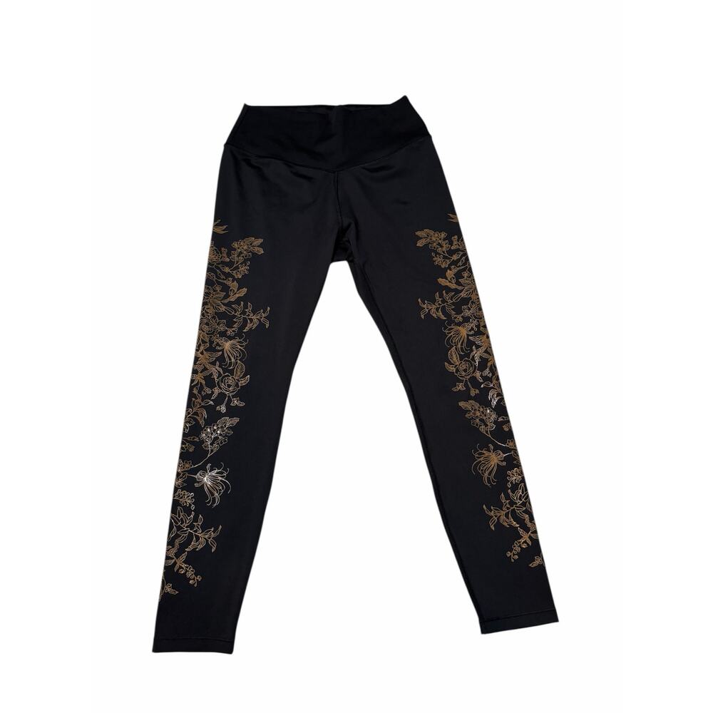 Lolë Black Floral Leggings Workout Goth Alternative Tattoo Brown Medium